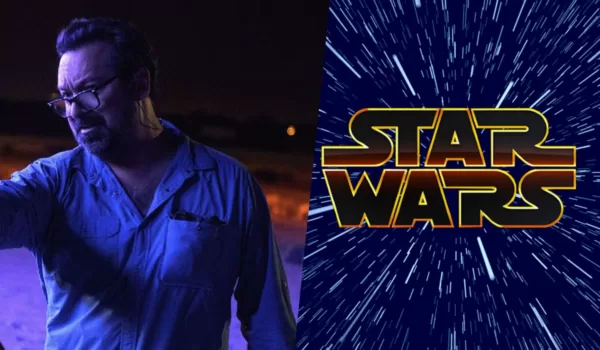 James Mangold is pictured next to the official Star Wars logo