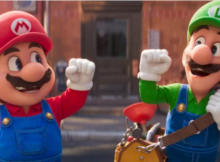 Mario (voiced by Chris Pratt) and his brother Luigi (voiced by Charlie Day) greeting one another in The Super Mario Bros. Movie | Agents of Fandom