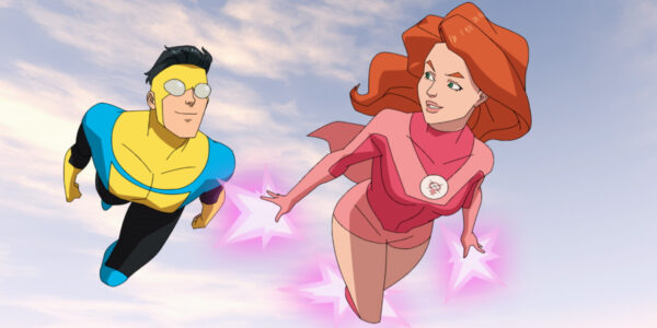 Steven Yeun as Invincible and Gillian Jacobs as Atom Eve flying together in the sky | Agents of Fandom