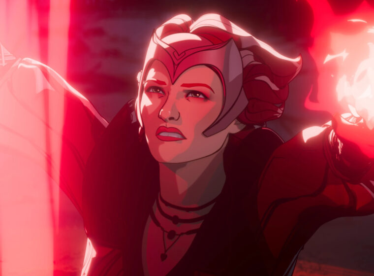 Wanda Merlin, voiced by Elizabeth Olsen, with red chaos magic coming out of her hands in What If...? Season 2, Episode 8 | Agents of Fandom