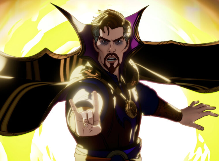 Strange Supreme, voiced by Benedict Cumberbatch, holding out his hand with a portal behind him in the What If...? Season 2 Finale | Agents of Fandom
