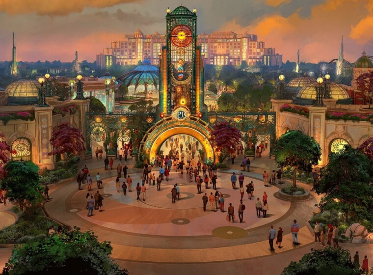 The main entrance to Epic Universe adorned with a central tower | Agents of Fandom