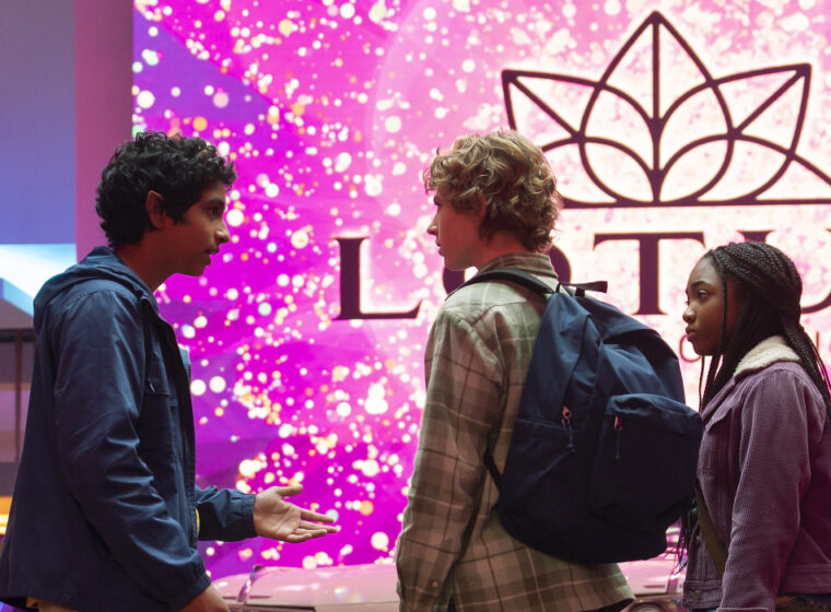 Grover (Aryan Simhidri), Percy (walker Scobell) and Annabeth (Leah Jeffries) meet in the Lotus hotel lobby in Percy Jackson and the Olympians | Agents of Fandom