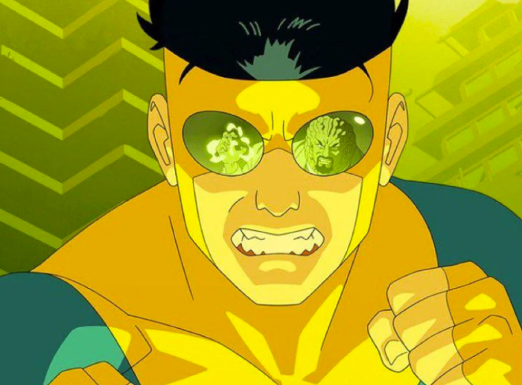 Mark Grayson as Invincible with Angstrom Levy reflected in his eye lenses | Agents of Fandom