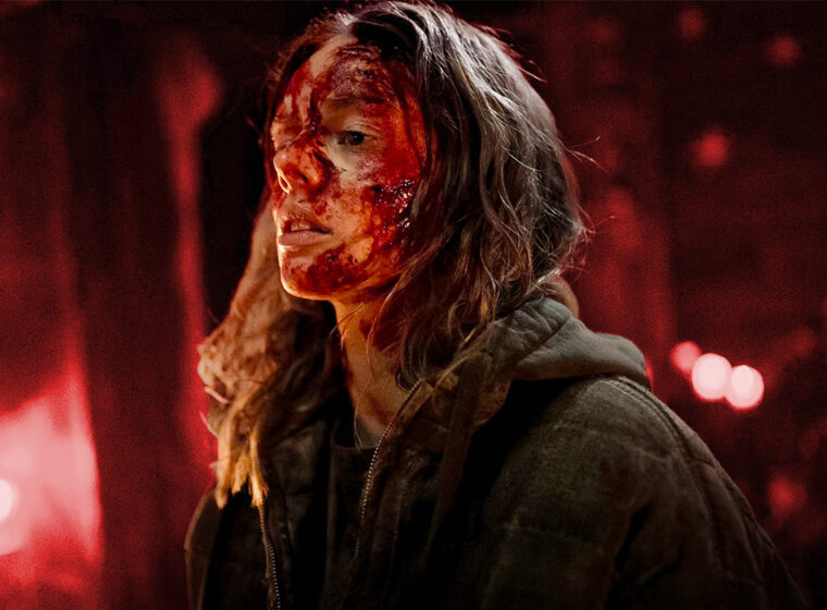 Samara Weaving bloody in Azrael with a stylized custom background | Agents of Fandom