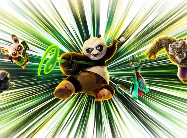The main characters of Kung Fu Panda 4 leaping toward the camera with green stripes in the background | Agents of Fandom