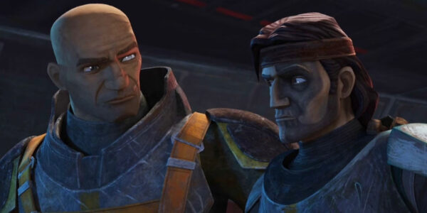 Hunter and Wrecker standing beside each other glancing at once another in The Bad Batch Season 3, Episode 13 | Agents of Fandom