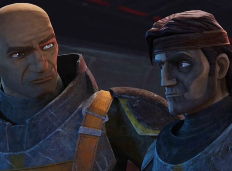 Hunter and Wrecker standing beside each other glancing at once another in The Bad Batch Season 3, Episode 13 | Agents of Fandom