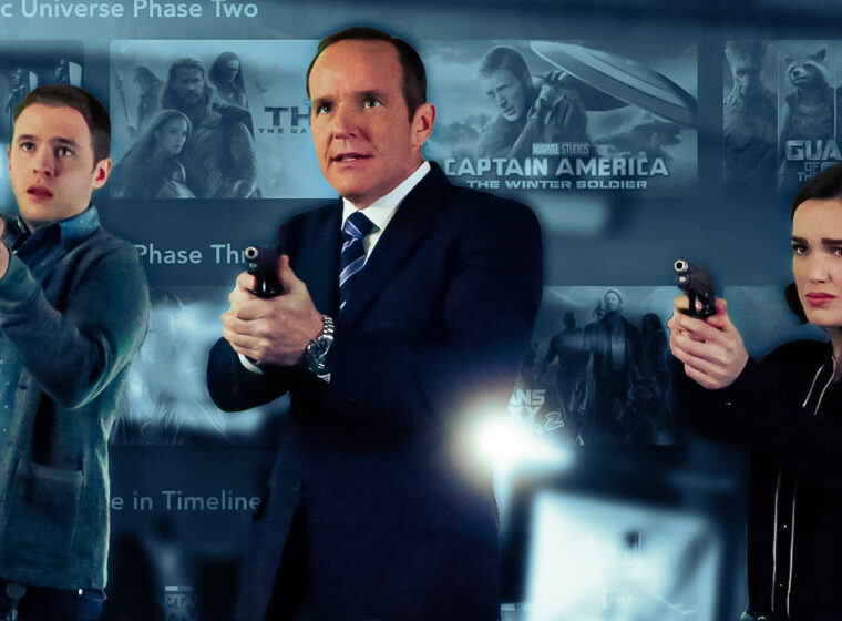 Phil Coulson, Fitz, and Simmons from Agents of SHIELD over a Disney+ Marvel background | Agents of Fandom