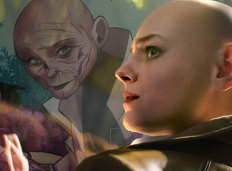 Custom image of Emma Corrin as Cassandra Nova with their comic book character in the background | Agents of Fandom