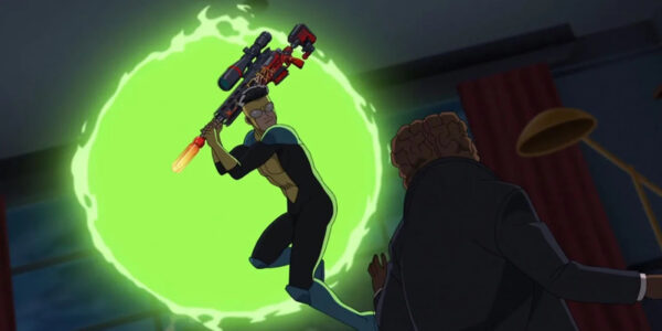 Mark swinging a Fortnite sniper at Angstrom Levy in the Invincible Season 2 Finale | Agents of Fandom