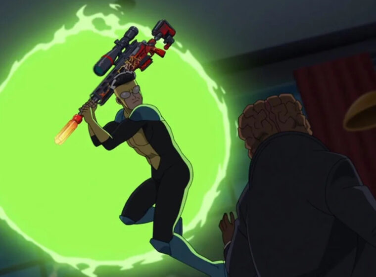 Mark swinging a Fortnite sniper at Angstrom Levy in the Invincible Season 2 Finale | Agents of Fandom