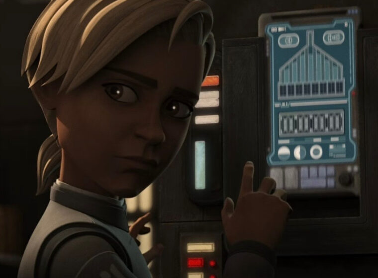 Omega with her hand on a datapad looking over her shoulder in The Bad Batch Season 3, Episode 14 | Agents of Fandom