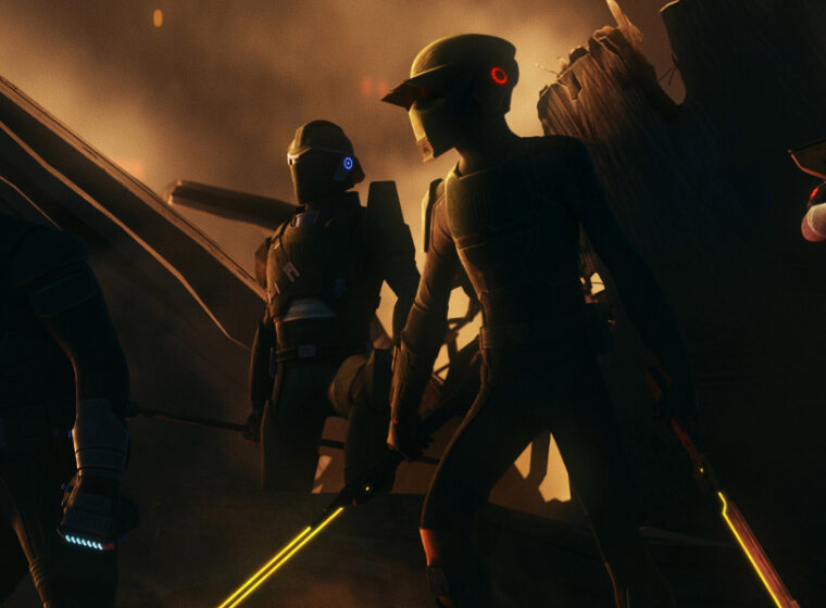 The Clone assassin force stand in the wreckage of Tantiss with their weapons at the ready in the Bad Batch Season 3 Episode 15 | Agents of Fandom