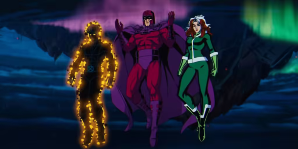 Magneto floating in front of Asteroid M with Sunspot and Rogue flying beside him in X-Men '97 | Agents of Fandom