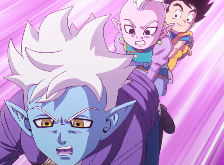 Glorio (Kōki Uchiyama), Supreme Kai (Yumiko Kobayashi), and Goku (Masako Nozawa) travelling on a Sky Seed in Dragon Ball Daima Episode 4 | Agents of Fandom