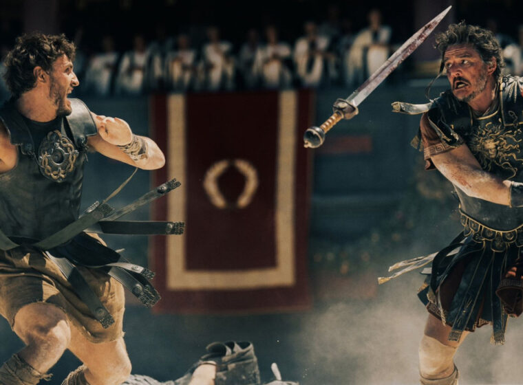 Lucius Verus (Paul Mescal) battling Marcus Acacius (Pedro Pascal) in Gladiator 2 | Agents of Fandom