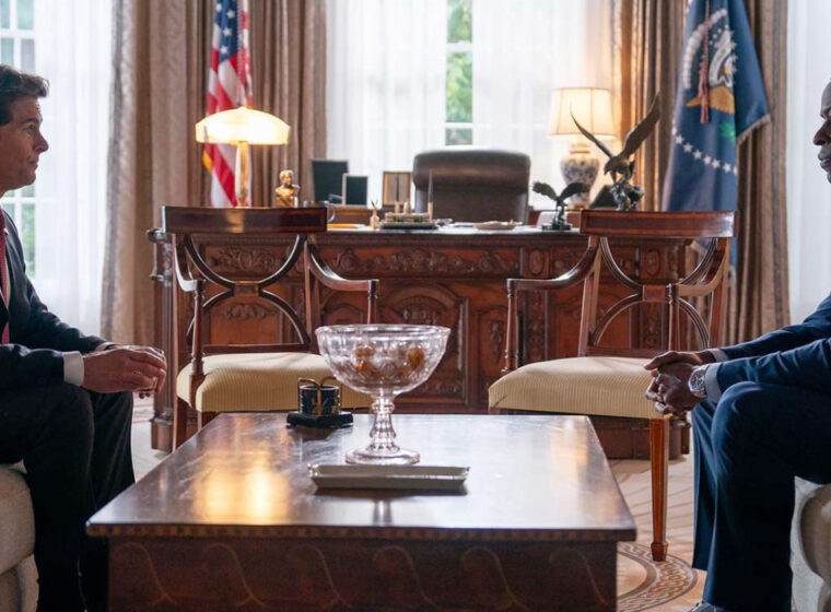 President Cal Bradford (James Marsden) sitting across Xavier Collins (Sterling K. Brown) in the Oval Office in Paradise | Agents of Fandom