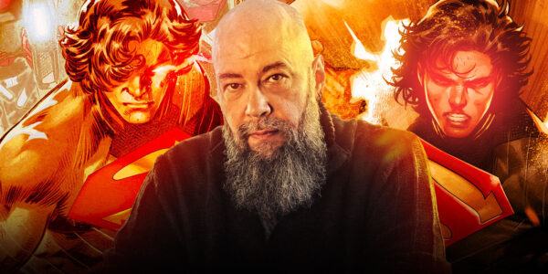 Jason Aaron in front of two images of Superman from his Absolute Superman Comic Run | Agents of Fandom