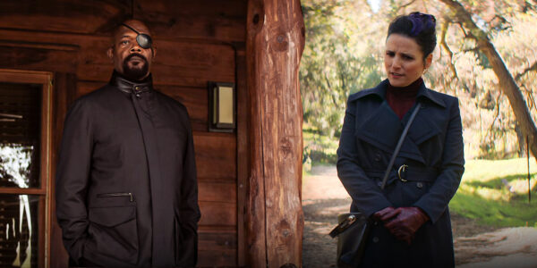 Nick Fury in front of a cabin in Avengers: Endgame next to Valentina Allegra de Fontaine from Black Widow | Agents of Fandom