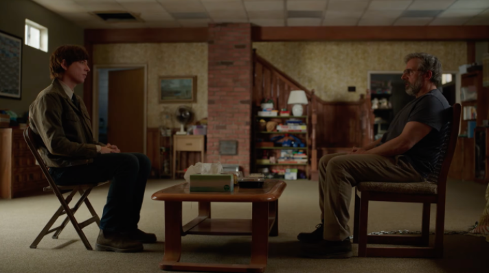 Sam Fortner (Domhnall Gleeson) sits opposite Dr. Alan Strauss (Steve Carell) in The Patient.