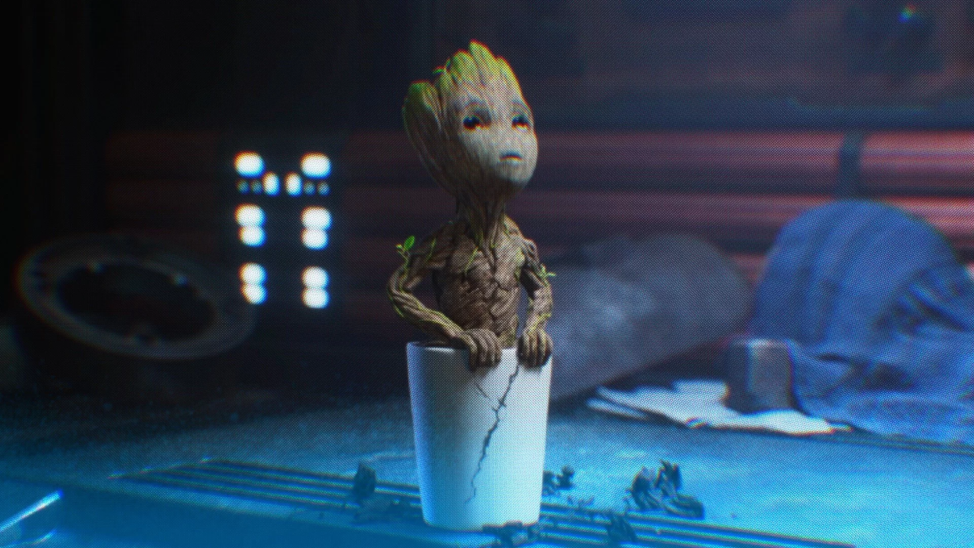 Groot in his cracked pot from the "I Am Groot" Shorts.