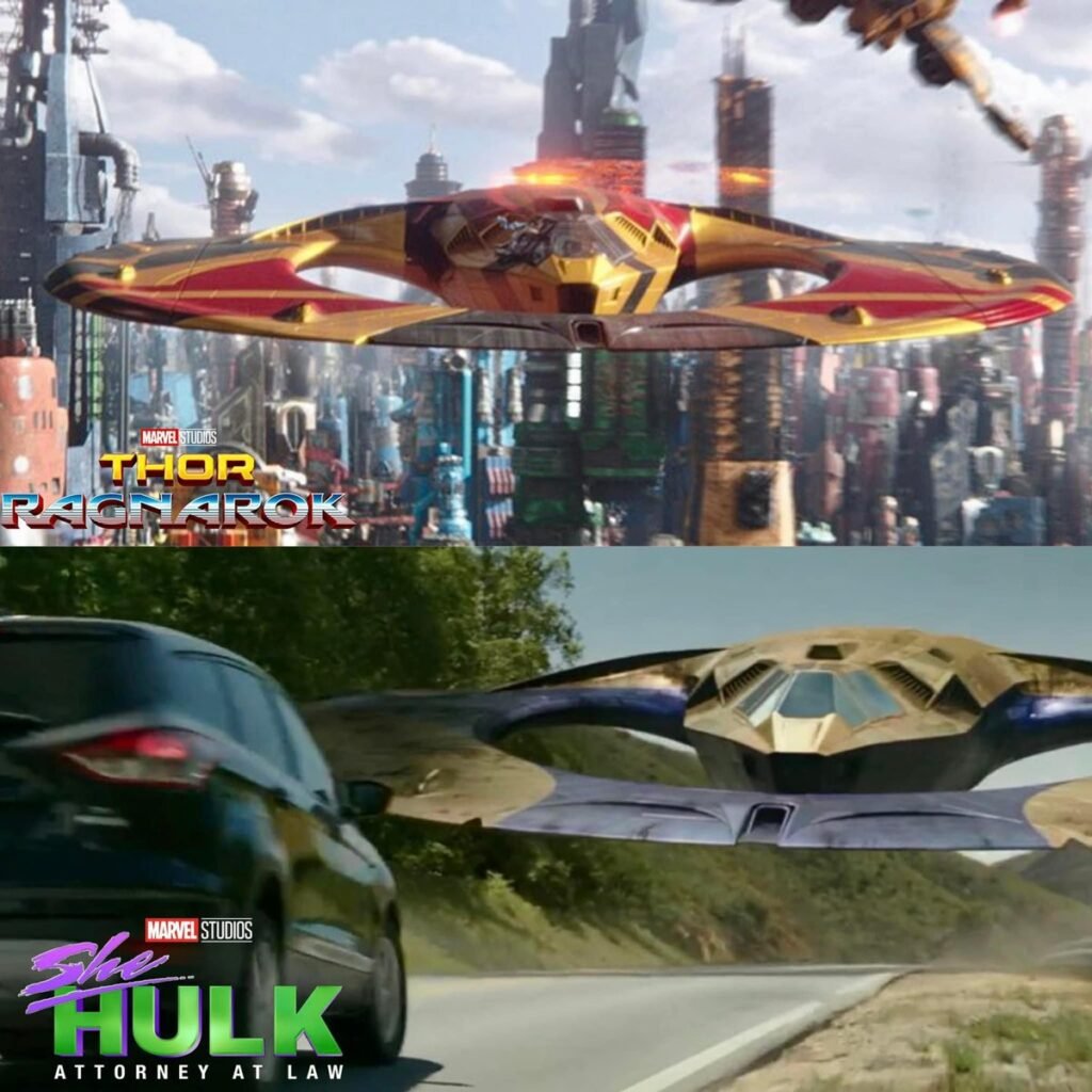 The Grandmaster's ship from Thor: Ragnarok (Top) in parallel to the mystery ship seen in the She-Hulk clip (Bottom) to compare their similarities and differences. 