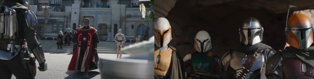 Left- Mandalorian being greeted by Greef Karga
Right- Din Djarin surrounded by other Mandalorians.