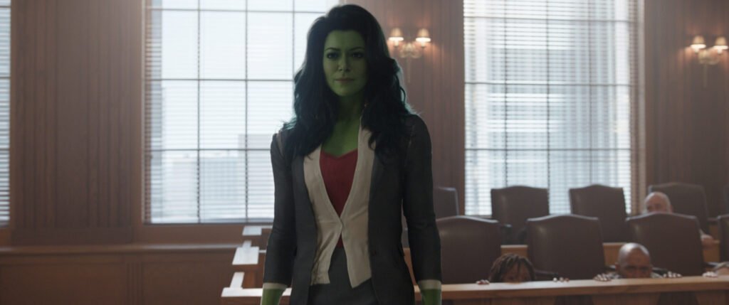 She-hulk in the courtroom where she might represent a member of the Thunderbolts