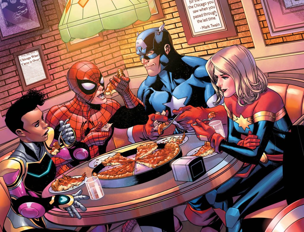 Eating pizza in superhero threads. Yeah, that's never happened in original comics, has it? This is why we have fandom debates. 

via Agents of Fandom
