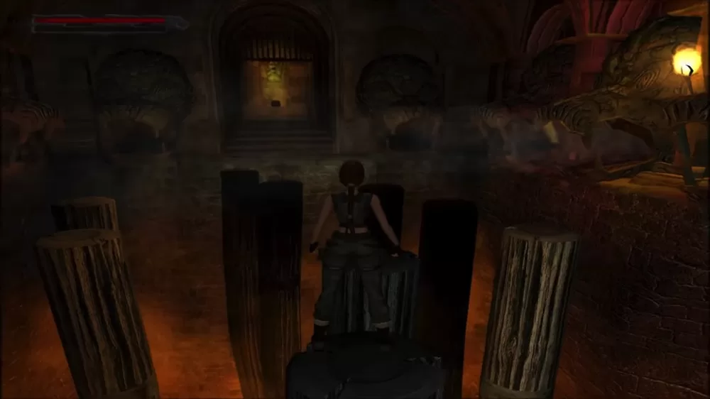 Lara Croft balances on pillars high above a lava pit in Tomb Raider: The Angel of Darkness | Agents of Fandom