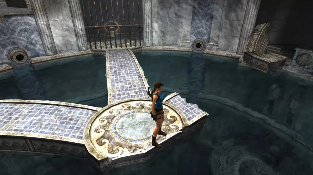 Lara Croft solving the Poseidon challenge room puzzle in Tomb Raider: Anniversary - Agents of Fandom