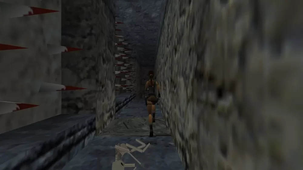 Lara Croft avoiding deadly spike traps in Tomb Raider II's Great Wall level - Agents of Fandom