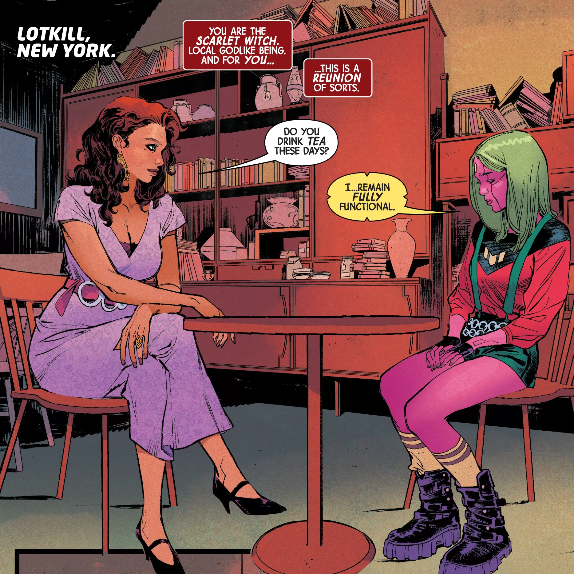 Wanda and Viv meet in Wanda's shop as Viv explains to the Scarlet Witch what is bothering her | Agents of Fandom