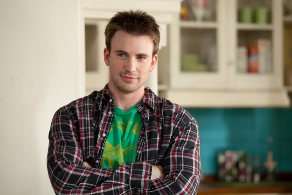 Chris Evans wearing a green shirt and flannel from the film What's Your Number | Agents of Fandom