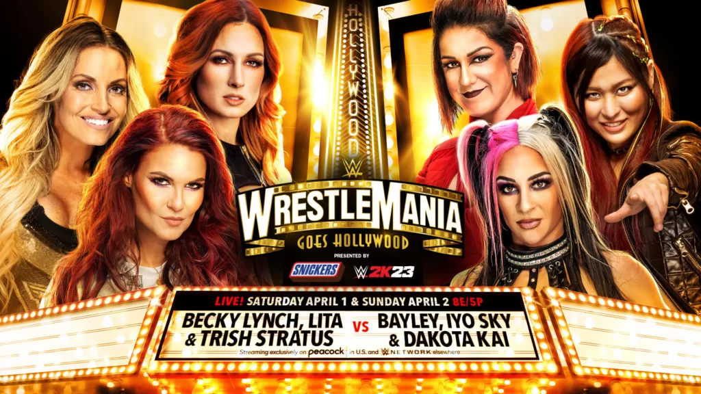 Becky Lynch, Lita, and Trish Stratus vs Bayley, Iyo Sky and Dakota Kai at WrestleMania graphic | Agents of Fandom