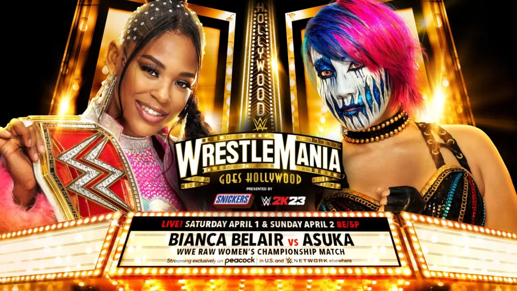 Bianca Belair vs Asuka at Wrestlemania Hollywood match graphic | Agents of Fandom