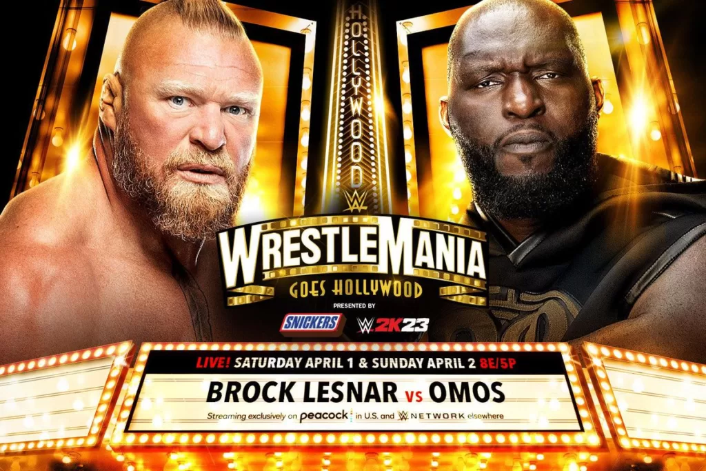 Brock Lesnar vs Omos at WrestleMania Hollywood match graphic | Agents of Fandom