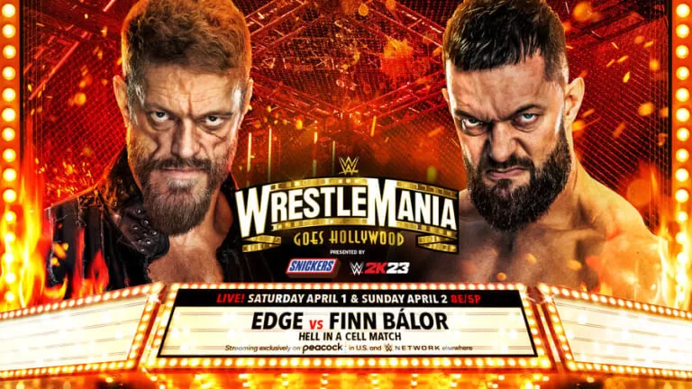 Edge vs Finn Balor at WrestleMania Hollywood match graphic | Agents of Fandom