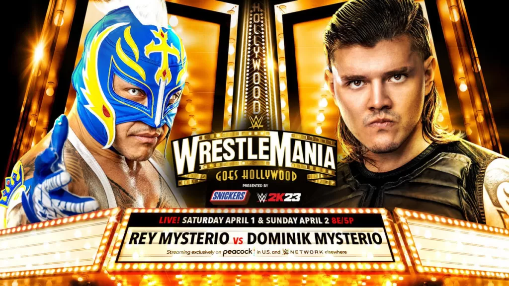 Rey Mysterio vs Dominik Mysterio at WrestleMania Hollywood match graphic | Agents of Fandom