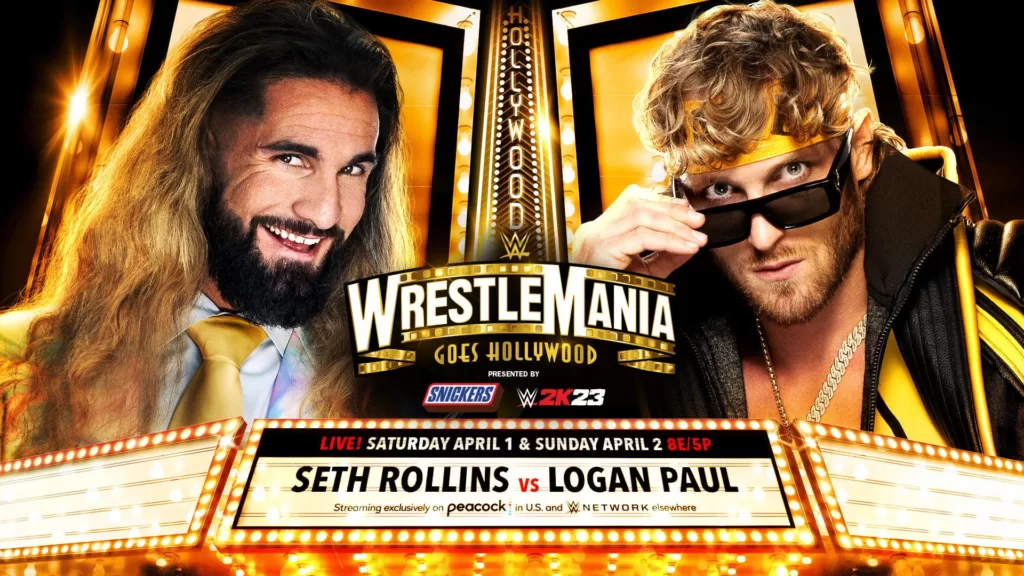 Seth Rollins vs Logan Paul at WrestleMania 39 match graphic | Agents of Fandom