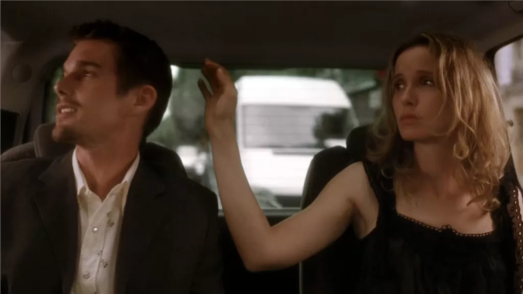 Ethan Hawke (Jesse) and Julie Delpy (Celine) create one of the most heartbreaking movie stills of all time in Before Sunset | Agents of Fandom