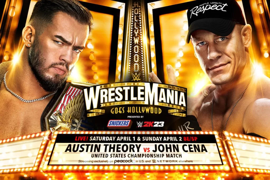 John Cena vs Austin Theory at WrestleMania 39 match graphic | Agents of Fandom