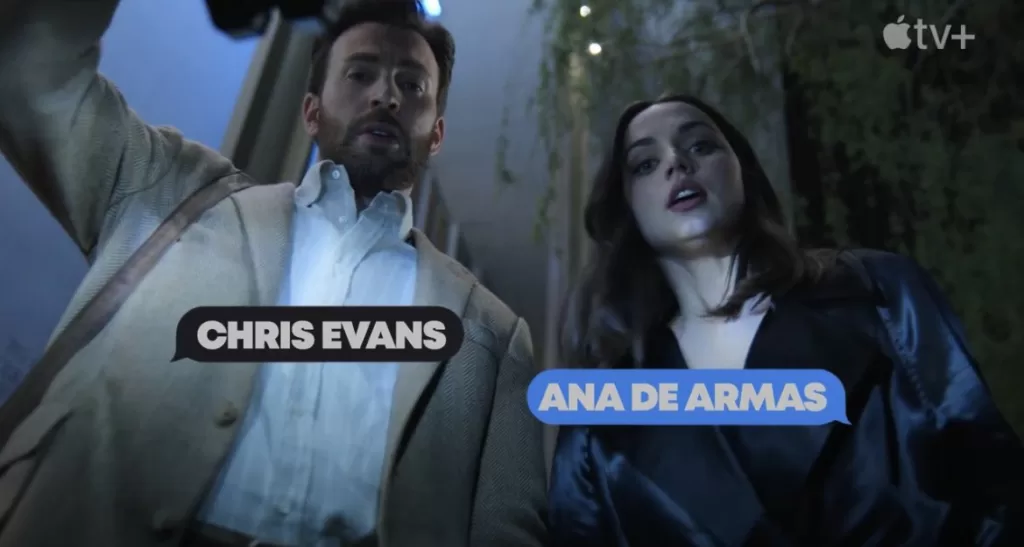 Chris Evans and Ana de Armas looking down in a scene in Ghosted | Agents of Fandom
