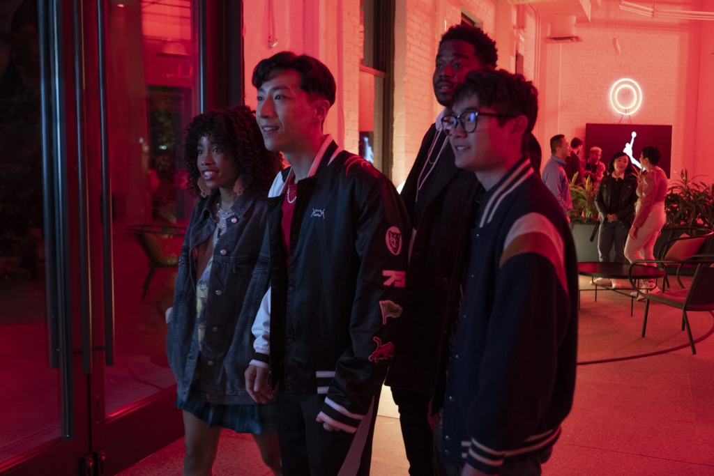 (Left to right): Zoe Renee as Kristy, Bloom Li as Chang, Dexter Darden as Deandre, and Ben Wang as Bo in Chang Can Dunk. Image Credit: Disney Studios | Agents of Fandom