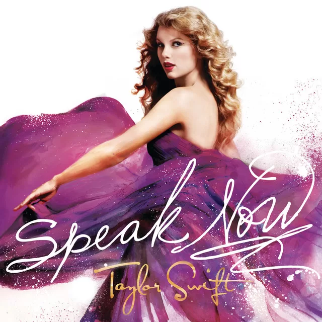 Taylor Swift wearing dress, waving it around in the album cover for Speak Now | Agents of Fandom