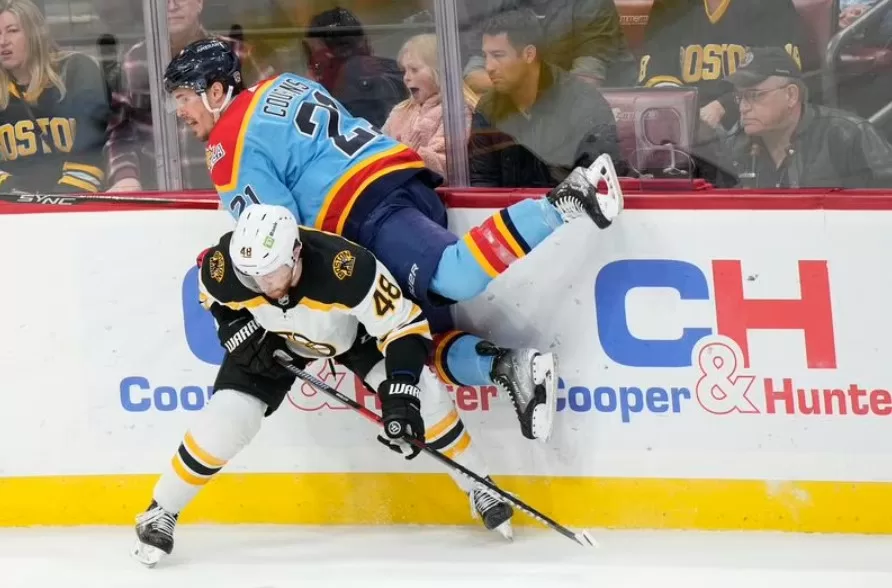 Boston Bruins defenseman Matt Grzelcyk checking Florida Panthers center Nick Cousins into the boards during a game between the two teams earlier this season | Agents of Fandom