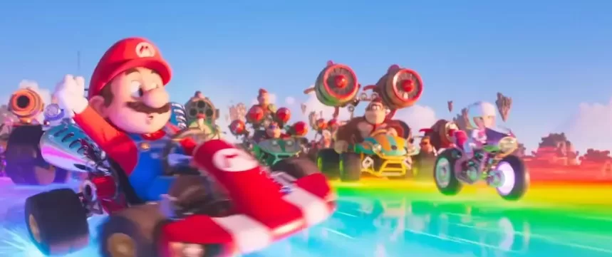 Mario (voiced by Chris Pratt) riding a vehicle alongside his companions in The Super Mario Bros. Movie | Agents of Fandom