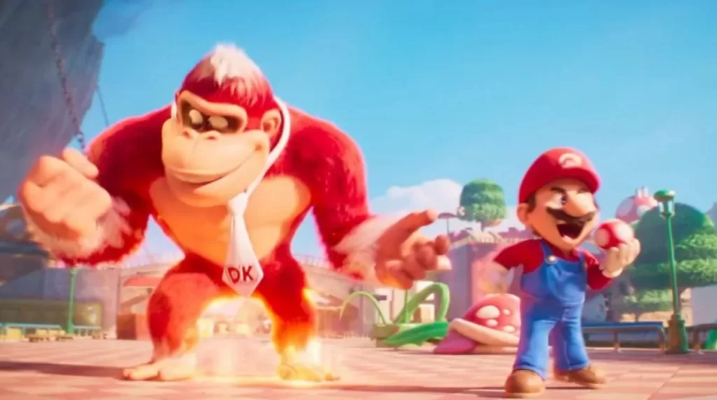 Donkey Kong (voiced by Seth Rogen) and Mario (voiced Chris Pratt) ingesting "power-up" mushrooms that give them heightened abilities | Agents of Fandom