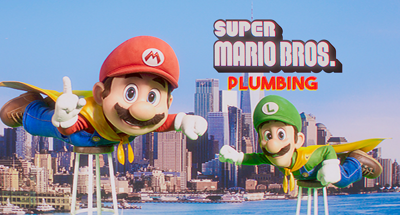 Mario (voiced by Chris Pratt) and his brother Luigi (voiced by Charlie Day) advertising their fictional business: Super Mario Bros. Plumbing